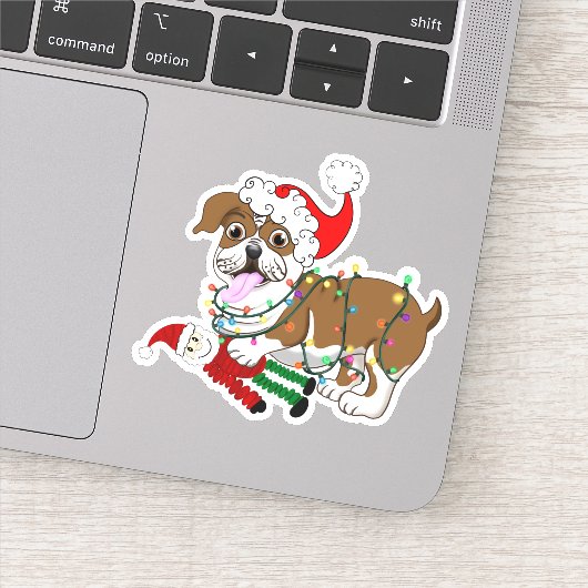 Engelse Bulldog Met Kerstverlichting Prettig Kerst Sticker (Detail)