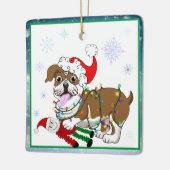 Engelse Bulldog met mas lampjes en Santa Speelgoed Keramisch Ornament (Links)