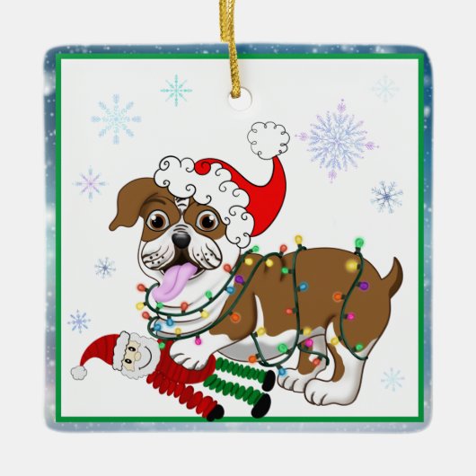 Engelse Bulldog met mas lampjes en Santa Speelgoed Keramisch Ornament (Voorkant)