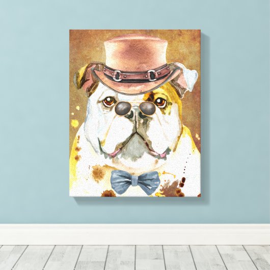 Engelse Bulldog met petten waterverf Canvas Afdruk (Insitu (Houten vloer))