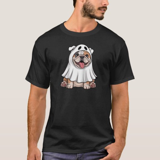 Engelse Bulldog met witte spookkostuum hond T-shirt (Voorkant)