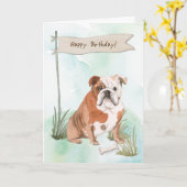 Engelse Bulldog onder verjaardagsbord Kaart (Gele Bloem)