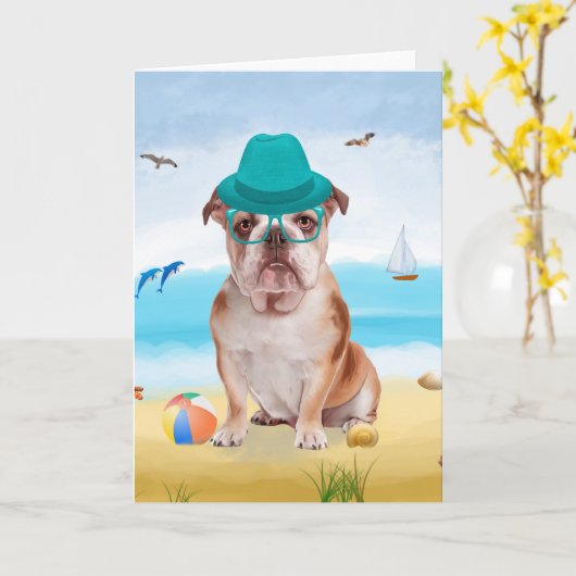 Engelse Bulldog op Beach Kaart (Gele Bloem)