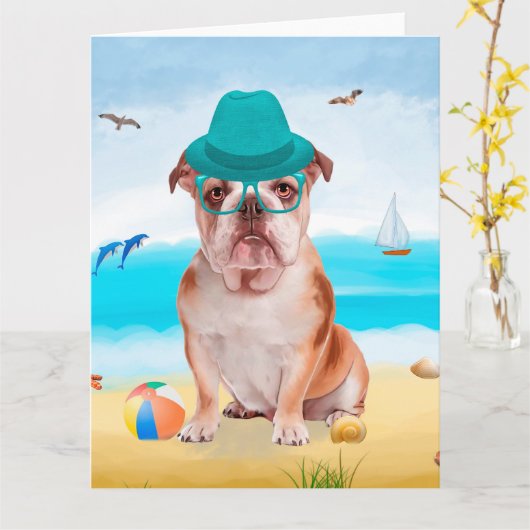 Engelse Bulldog op Beach Kaart (Gele Bloem)