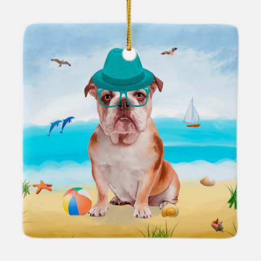 Engelse Bulldog op Beach Keramisch Ornament (Achterkant)