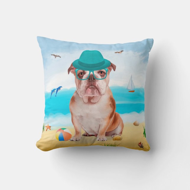 Engelse Bulldog op Beach Kussen (Voorkant)
