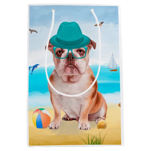 Engelse Bulldog op Beach Medium Cadeauzakje (Voorkant)