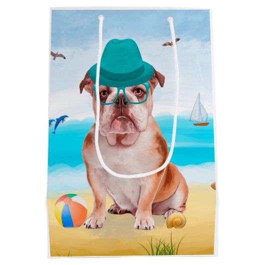 Engelse Bulldog op Beach Medium Cadeauzakje (Achterkant)