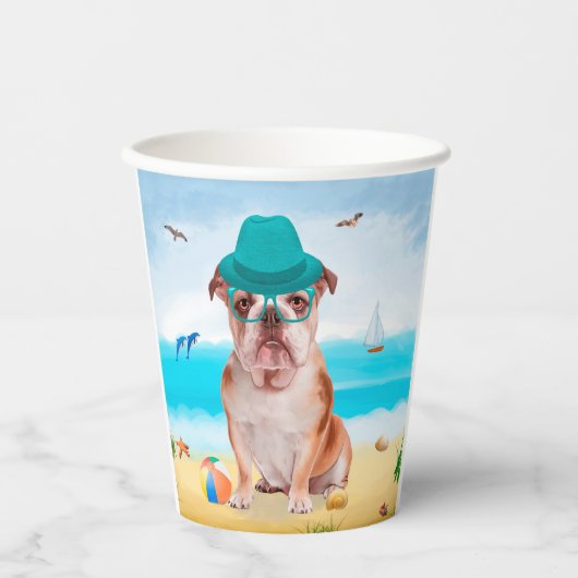 Engelse Bulldog op Beach Papieren Bekers (Voorkant)