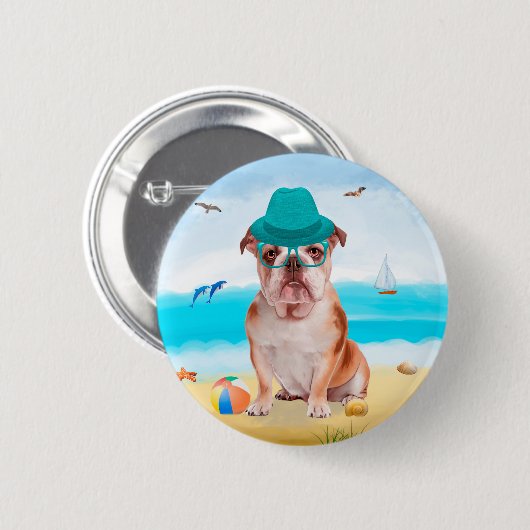 Engelse Bulldog op Beach Ronde Button 5,7 Cm (Voorkant /achterkant)