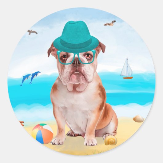 Engelse Bulldog op Beach Ronde Sticker (Voorkant)