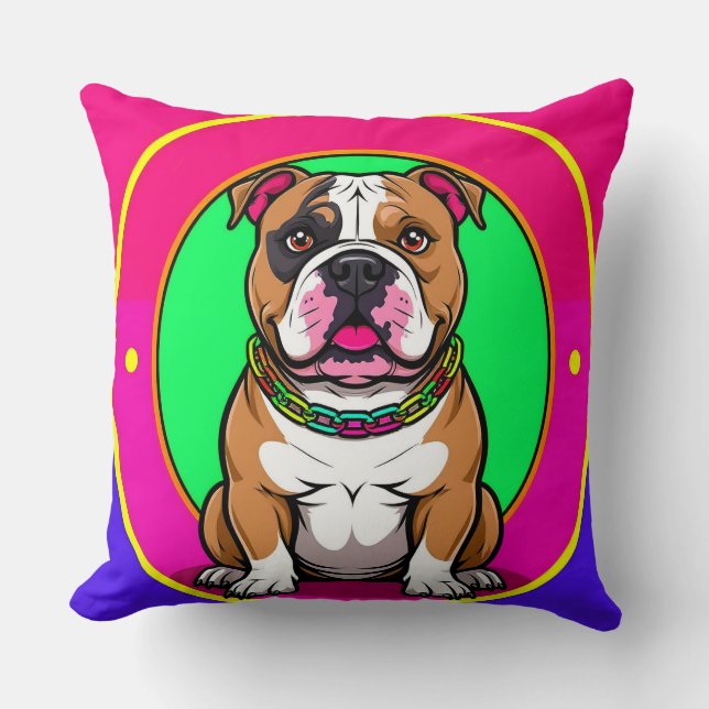 Engelse Bulldog op een Kleurrijke Achtergrond Kussen (Voorkant)