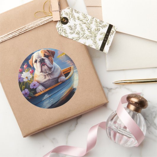 Engelse Bulldog op een peddel: een Schilderachtig  Ronde Sticker (Geschenken)