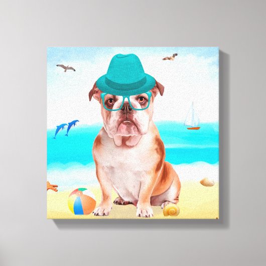 Engelse Bulldog op Strand Canvas Afdruk (Voorkant)