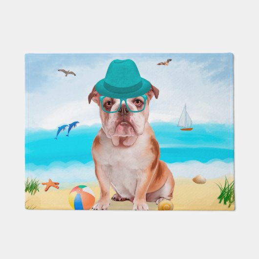 Engelse Bulldog op Strand Deurmat (Voorkant)