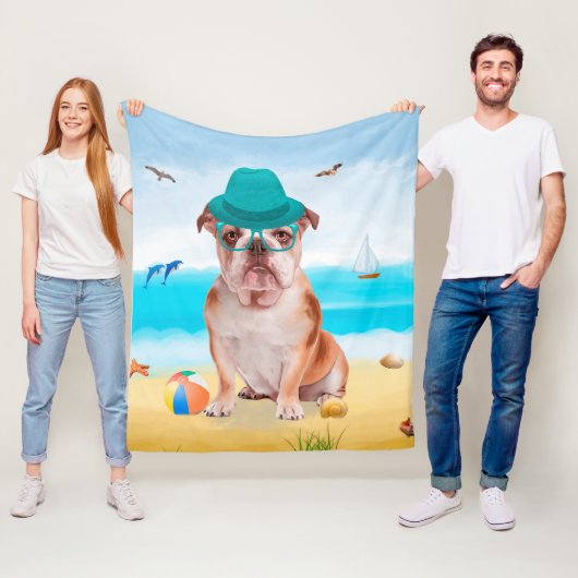 Engelse Bulldog op Strand Fleece Deken (In situ)