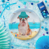 Engelse Bulldog op Strand Papieren Bordje (Feest)