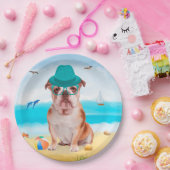 Engelse Bulldog op Strand Papieren Bordje (Feest)
