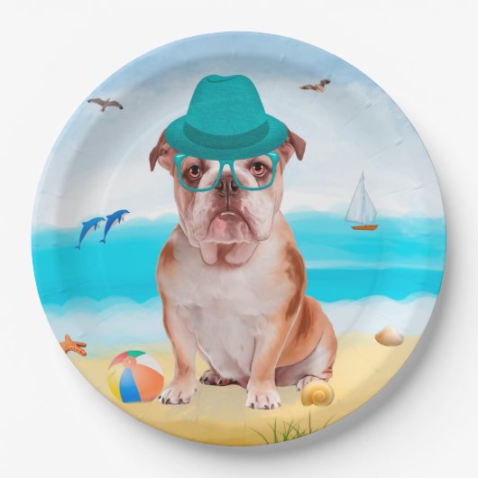 Engelse Bulldog op Strand Papieren Bordje (Voorkant)
