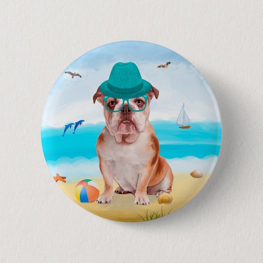 Engelse Bulldog op Strand Ronde Button 5,7 Cm (Voorkant)