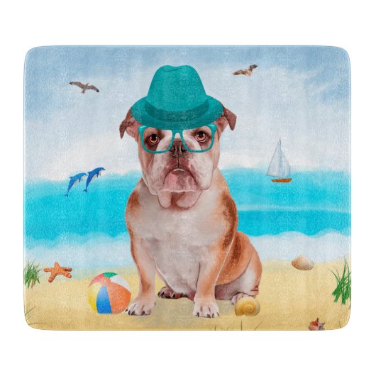 Engelse Bulldog op Strand Snijplank (Voorkant)