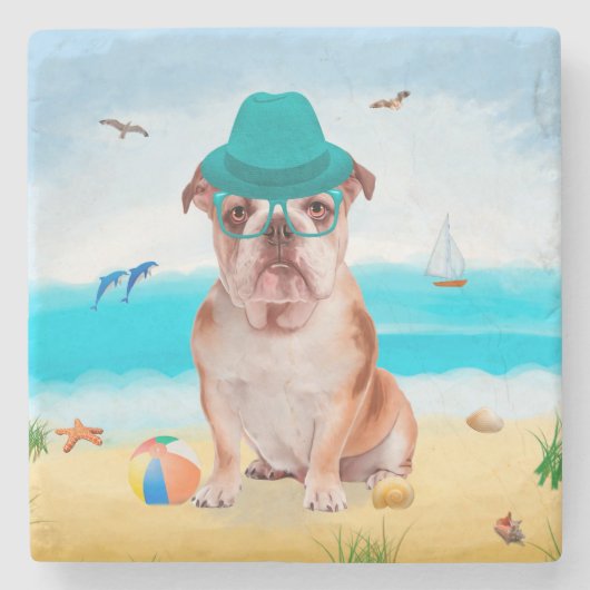 Engelse Bulldog op Strand Stenen Onderzetter (Voorkant)