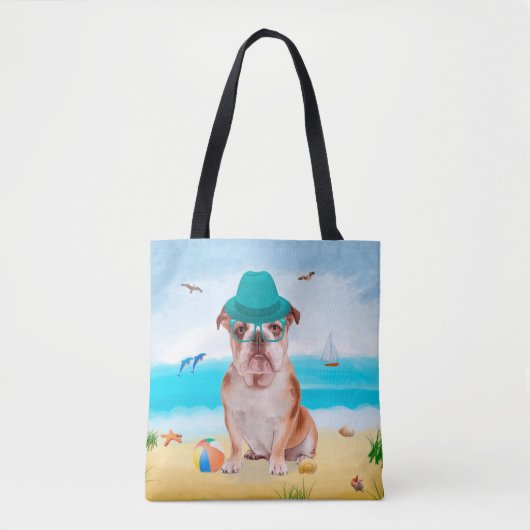 Engelse Bulldog op Strand Tote Bag (Voorkant)