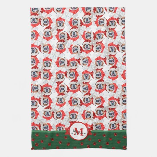 Engelse Bulldog Patroon Monogram Kerstmis Hond Theedoek (Verticaal)
