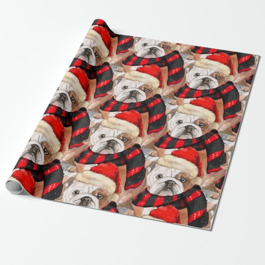 Engelse Bulldog Patterned Kerstmis Cadeaupapier (Uitgerold)