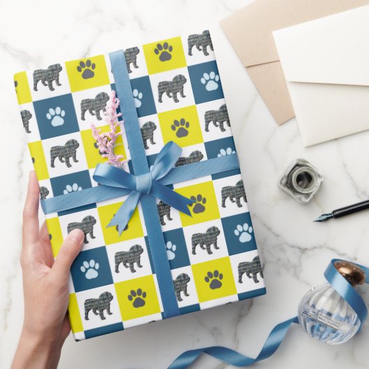 Engelse Bulldog & Paw Silhouet Yellow&Blue Grid Cadeaupapier (Geschenken)