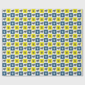 Engelse Bulldog & Paw Silhouet Yellow&Blue Grid Cadeaupapier (Vlak)