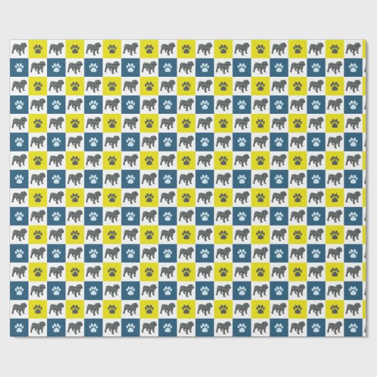 Engelse Bulldog & Paw Silhouet Yellow&Blue Grid Cadeaupapier (Vlak)