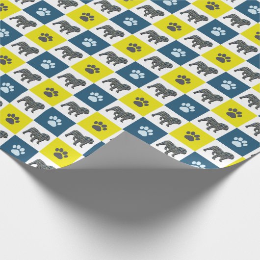 Engelse Bulldog & Paw Silhouet Yellow&Blue Grid Cadeaupapier (Hoek)