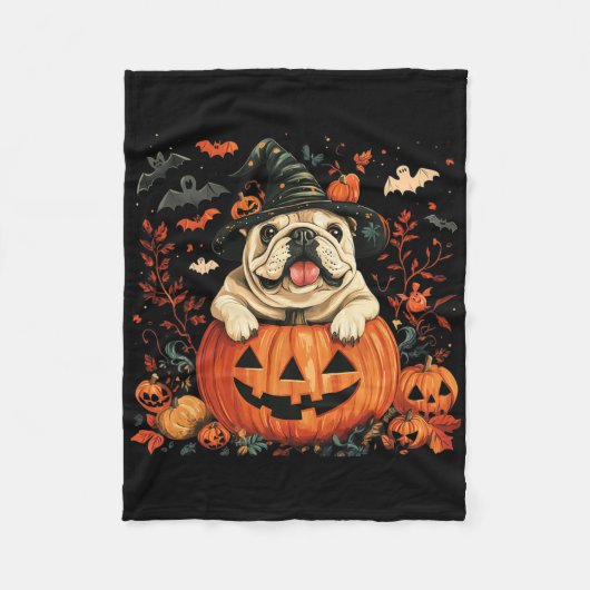 Engelse Bulldog Pumpkin Halloween Thanksgiving Man Fleece Deken (Voorkant)
