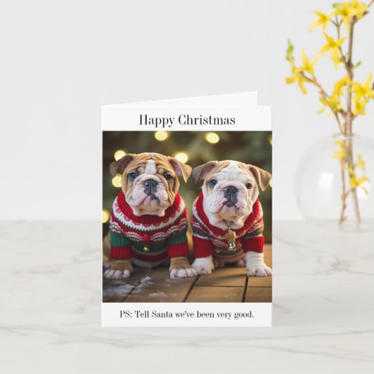 Engelse Bulldog Puppies Kerst Kaart (Gele Bloem)