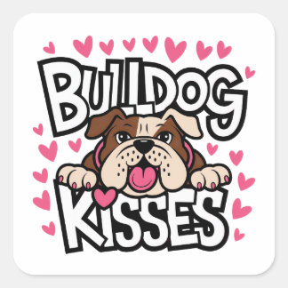 Engelse Bulldog Puppy Hond Roze Hart Kusjes Liefde Vierkante Sticker