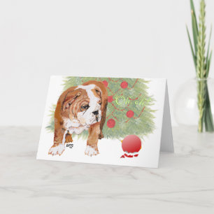 Engelse Bulldog Puppy Kerstmis Feestdagen Kaart