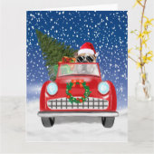 Engelse Bulldog Rijdt Auto In Sneeuw Kerstmis  Kaart (Gele Bloem)