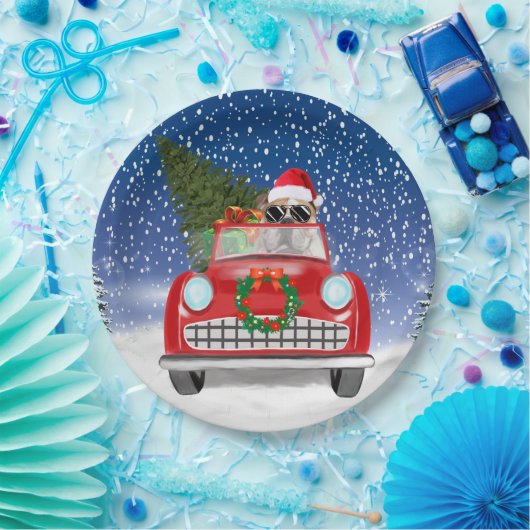 Engelse Bulldog-rijtuig in sneeuwkerst Papieren Bordje (Feest)