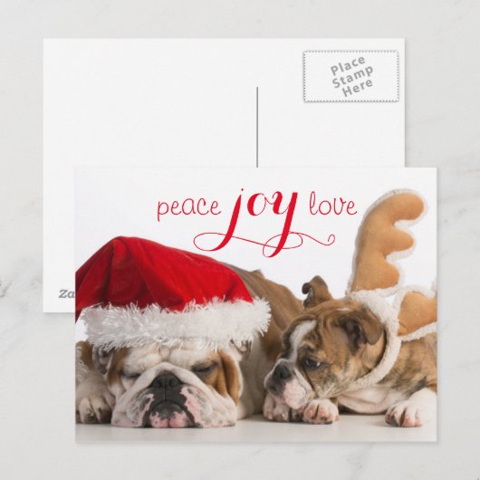 Engelse Bulldog Santa en Rendier Feestdagenkaart (Voorkant / Achterkant)