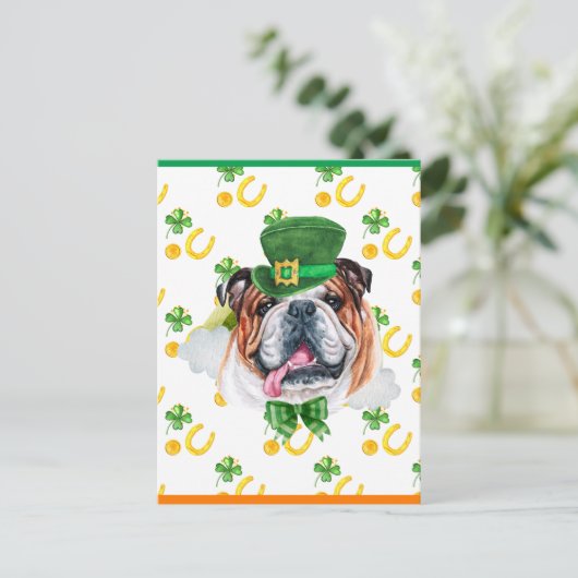 Engelse Bulldog Shamrock St. Patricks Day Feestdagenkaart (Staand voorkant)