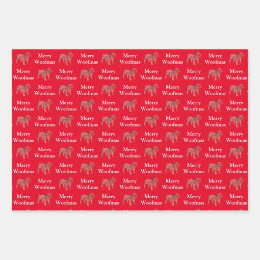 Engelse Bulldog Silhouet Red Merry Woofmas Inpakpapier Vel (Voorkant)