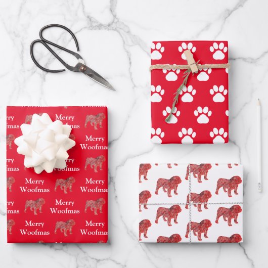 Engelse Bulldog Silhouet Red Merry Woofmas Inpakpapier Vel (Voorkant)