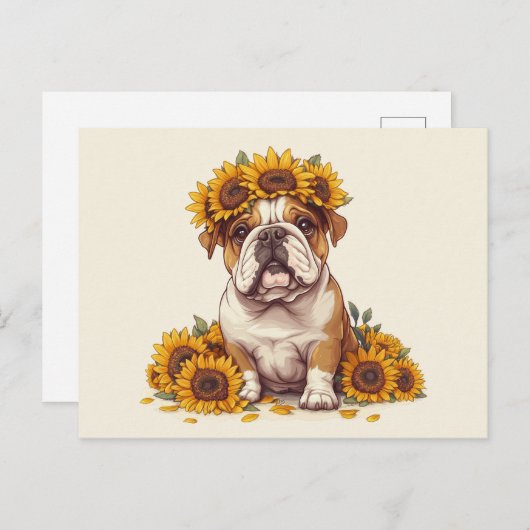 Engelse Bulldog Sunflower Crown Briefkaart (Voorkant / Achterkant)