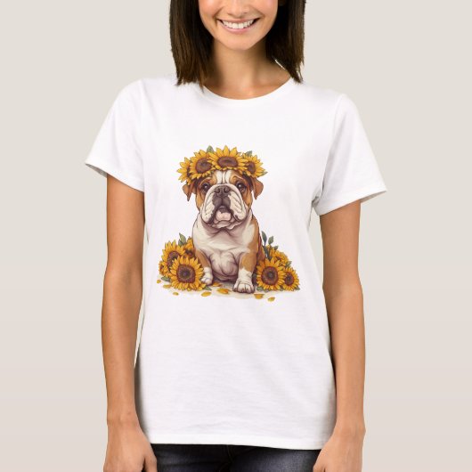 Engelse Bulldog Sunflower Crown T-shirt (Voorkant)