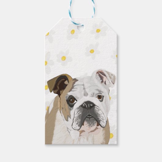 Engelse Bulldog tegen Daisies Cadeaulabel (Voorkant)
