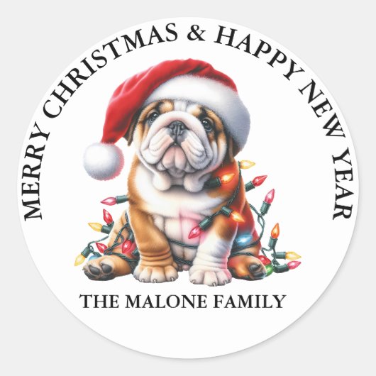 Engelse Bulldog uitgedost in een kerstmuts Ronde Sticker (Voorkant)