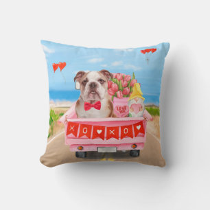 Engelse Bulldog Valentijnsdag Truck Hartjes Kussen