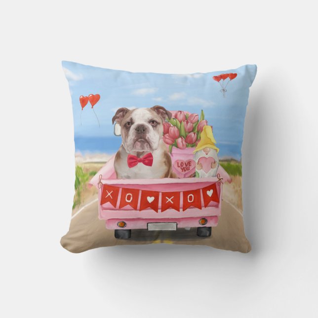 Engelse Bulldog Valentijnsdag Truck Hartjes  Kussen (Voorkant)
