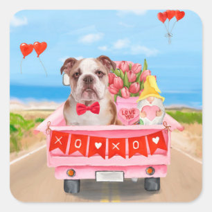 Engelse Bulldog Valentijnsdag Truck Hartjes Vierkante Sticker